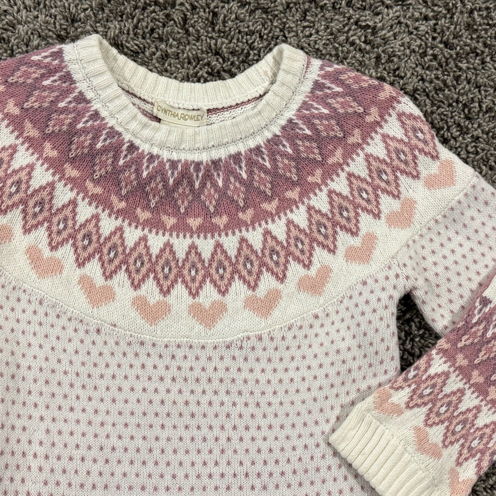 Cynthia Rowley Pink and White fair isle Sweater Dress with scarf, size med 7-8 - Picture 2 of 7